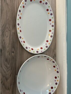 The Pampered Chef White Serving Platter and Bowl with Multicolor Dot Rim